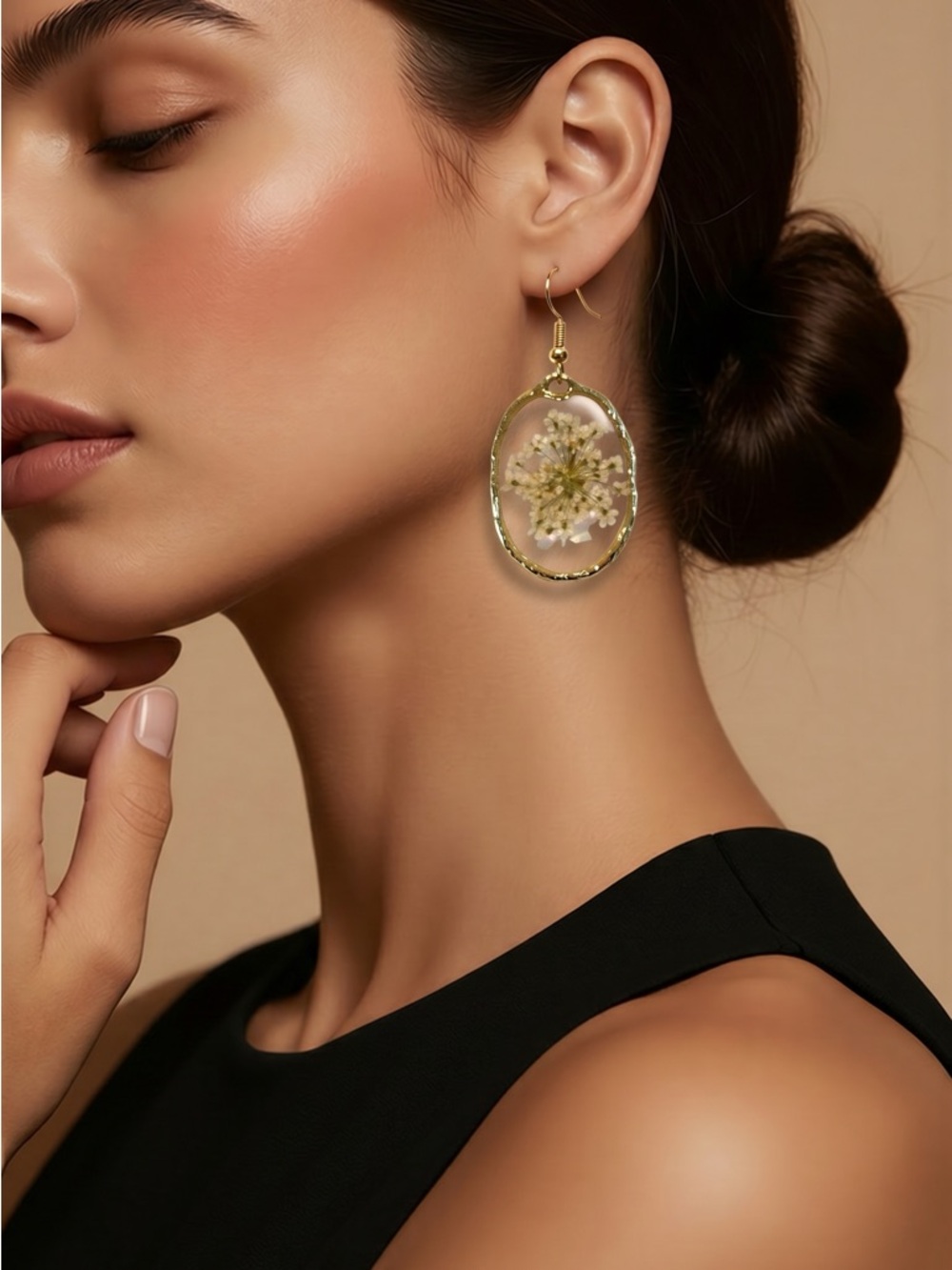 Gold Oval Resin Drop Earrings with White Floral Inset